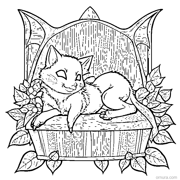 halloween cat sleeping in a coffin coloring page - free printable black and white line art for kids and adults