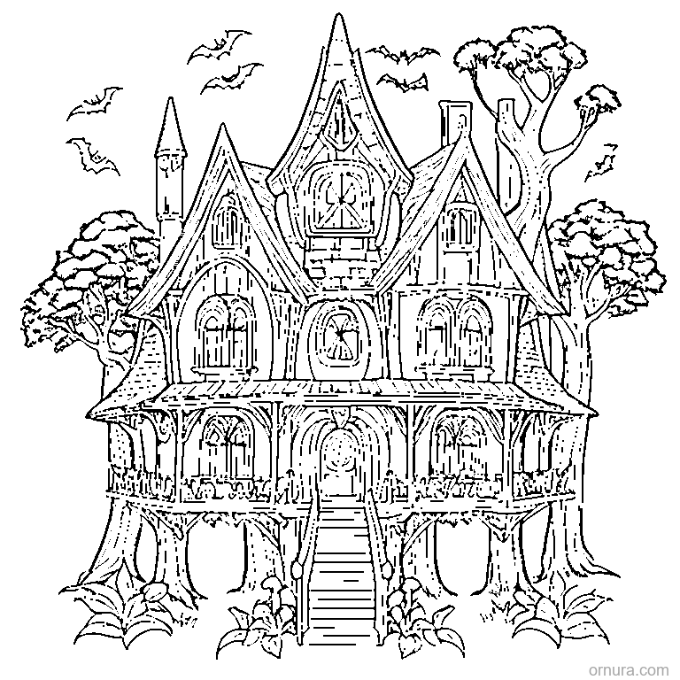 halloween cottage in the woods coloring page - free printable black and white line art for kids and adults