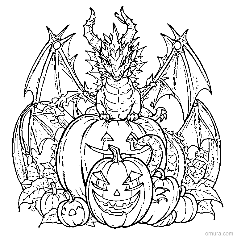halloween dragon sitting on pumpkins coloring page - free printable black and white line art for kids and adults