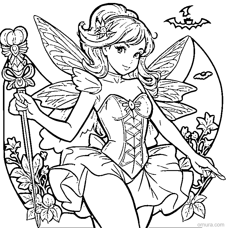 halloween fairy with a magic wand coloring page - free printable black and white line art for kids and adults