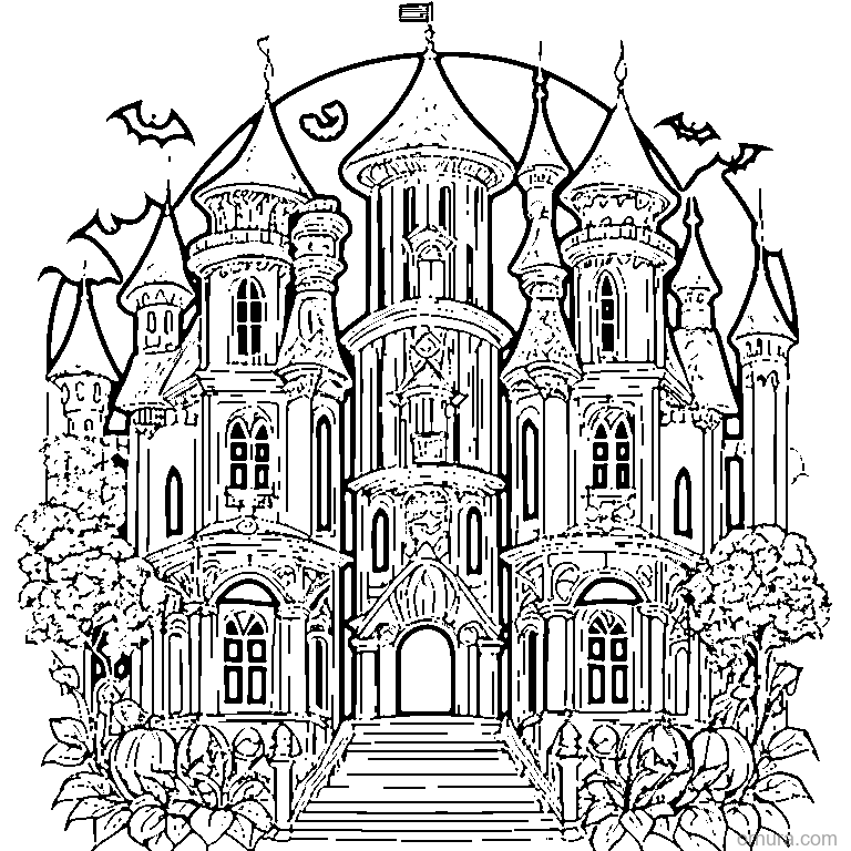 halloween haunted mansion with tall towers coloring page - free printable black and white line art for kids and adults