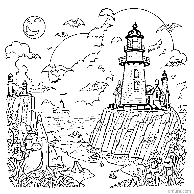 halloween lighthouse on a rocky cliff coloring page - free printable black and white line art for kids and adults