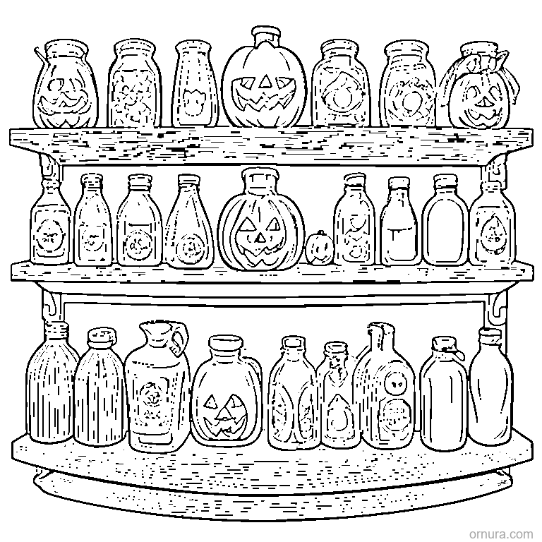 halloween potion bottles on a shelf coloring page - free printable black and white line art for kids and adults