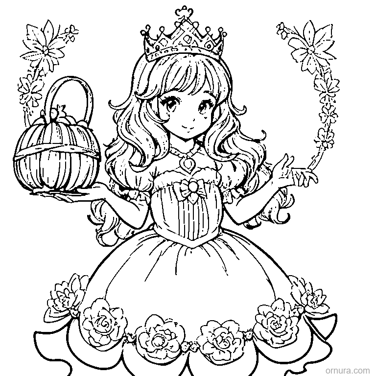 halloween princess with a crown coloring page - free printable black and white line art for kids and adults