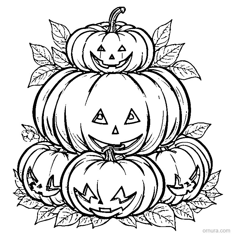 halloween pumpkin stack coloring page - free printable black and white line art for kids and adults