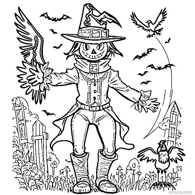 halloween scarecrow with crows coloring page - free printable black and white line art for kids and adults