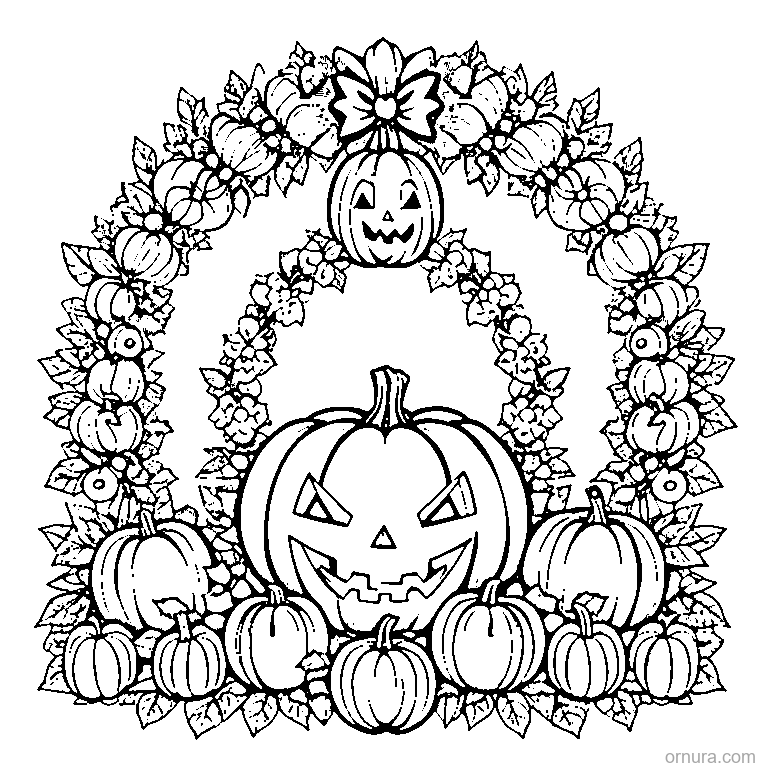 halloween wreath with pumpkins coloring page - free printable black and white line art for kids and adults