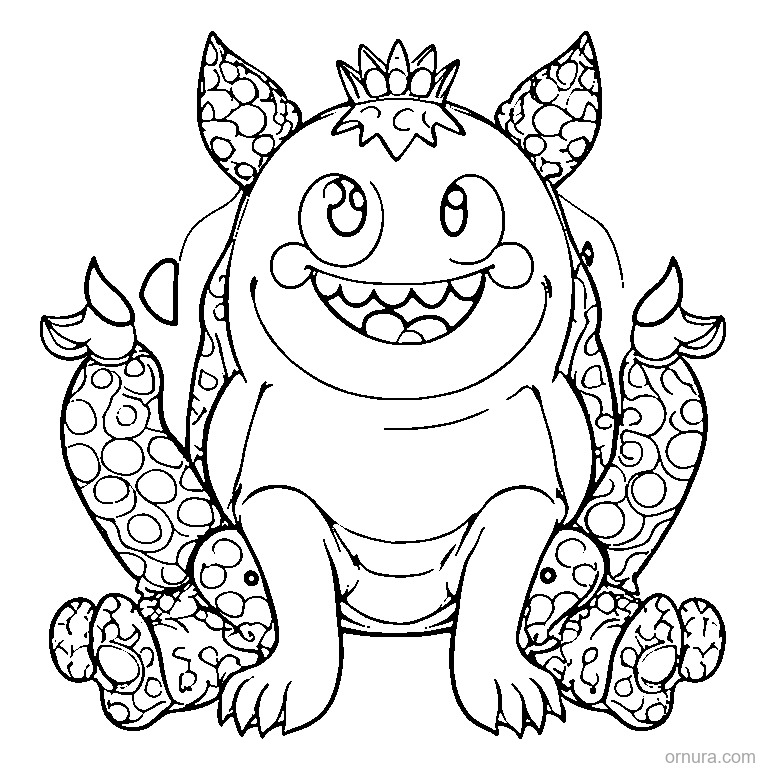 happy monster with polka dots coloring page - free printable black and white line art for kids and adults