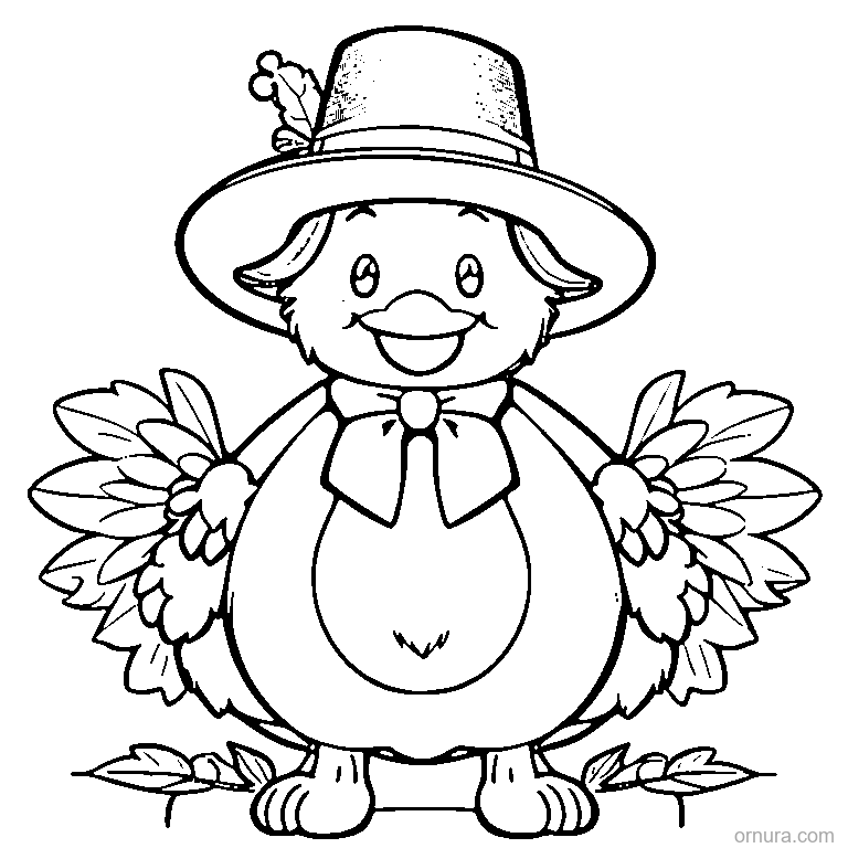happy turkey wearing a pilgrim hat coloring page - free printable black and white line art for kids and adults