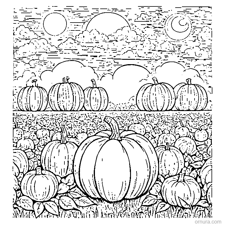harvest moon over a pumpkin field coloring page - free printable black and white line art for kids and adults