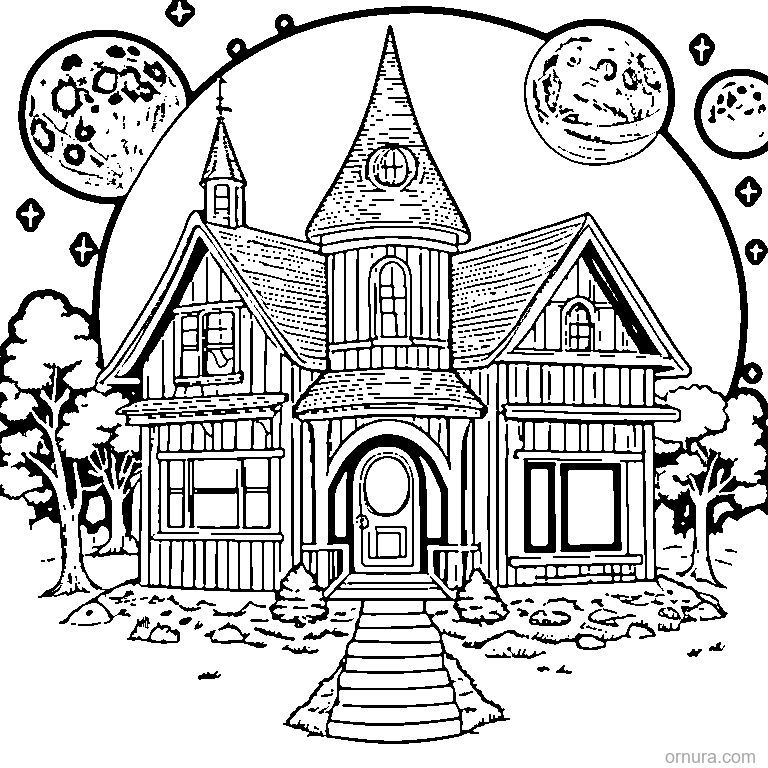 haunted house under a smiling moon coloring page - free printable black and white line art for kids and adults