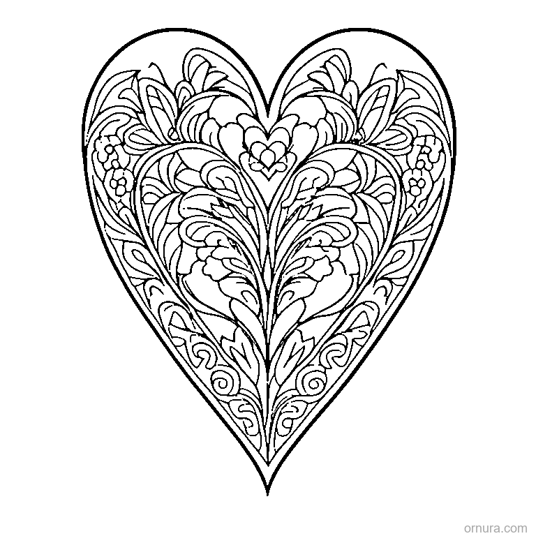 heart pattern repeated design coloring page - free printable black and white line art for kids and adults