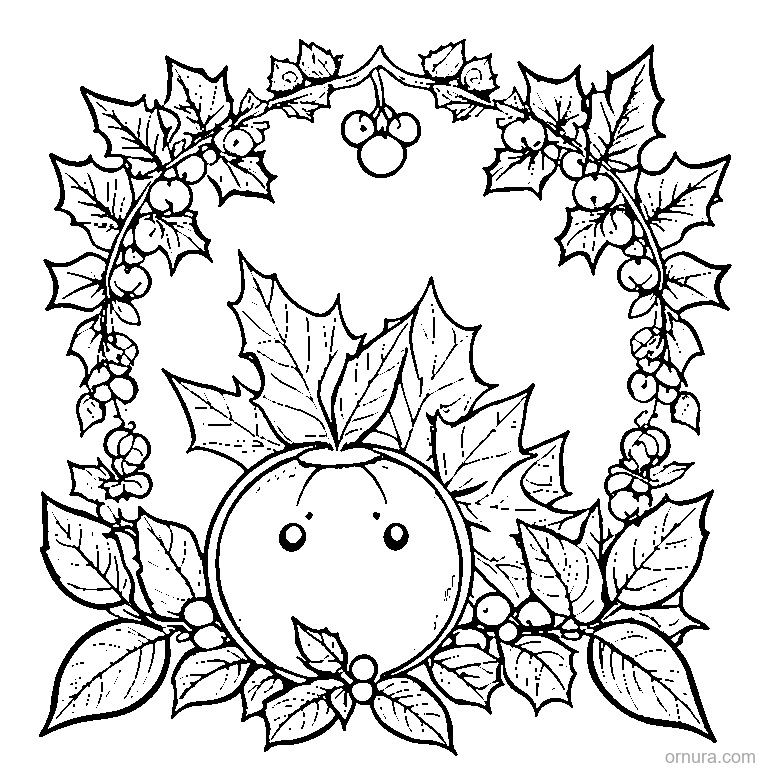 holly wreath with berries coloring page - free printable black and white line art for kids and adults