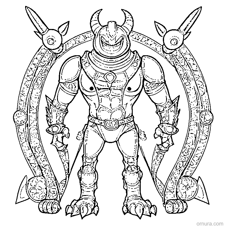 horned monster in a decorative frame coloring page - free printable black and white line art for kids and adults