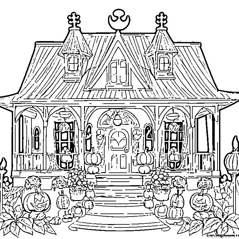 house porch decorated with jack-o-lanterns coloring page - free printable black and white line art for kids and adults