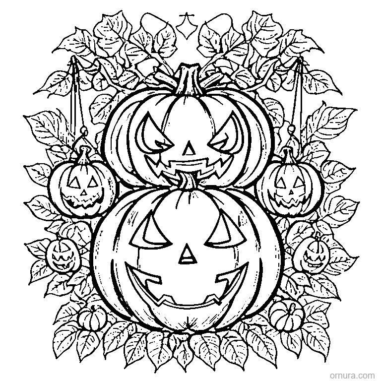 jack-o-lantern pair with flowers coloring page - free printable black and white line art for kids and adults