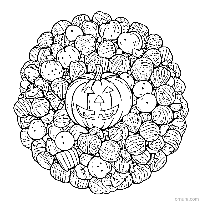 jack-o-lantern surrounded by halloween candy coloring page - free printable black and white line art for kids and adults