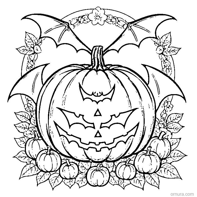 jack o lantern with bat wings coloring page - free printable black and white line art for kids and adults