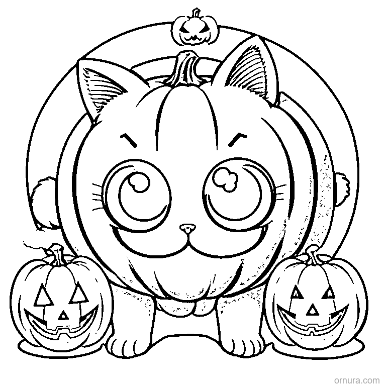 kitten peeking out of a jack-o-lantern coloring page - free printable black and white line art for kids and adults