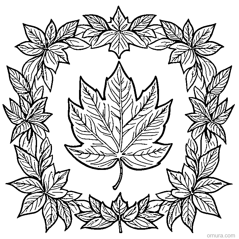 leaf border pattern with autumn leaves design coloring page - free printable black and white line art for kids and adults
