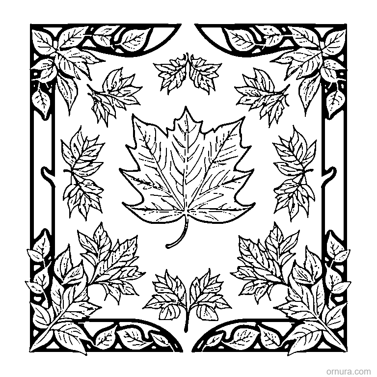 leaf border pattern with autumn leaves printable coloring page - free printable black and white line art for kids and adults