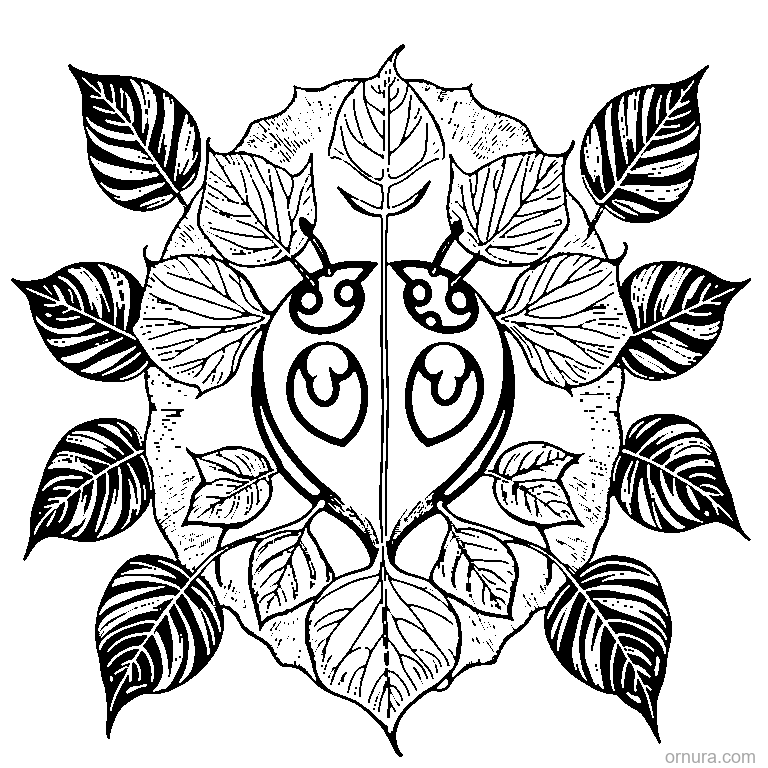 leaf with a ladybug sitting on template coloring page - free printable black and white line art for kids and adults