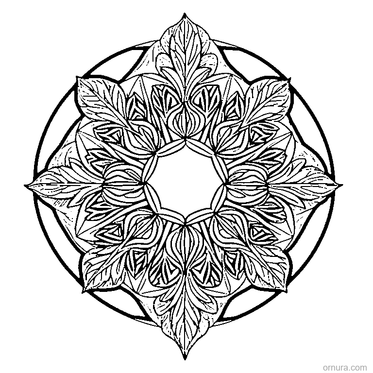 leaf with geometric pattern inside design coloring page - free printable black and white line art for kids and adults