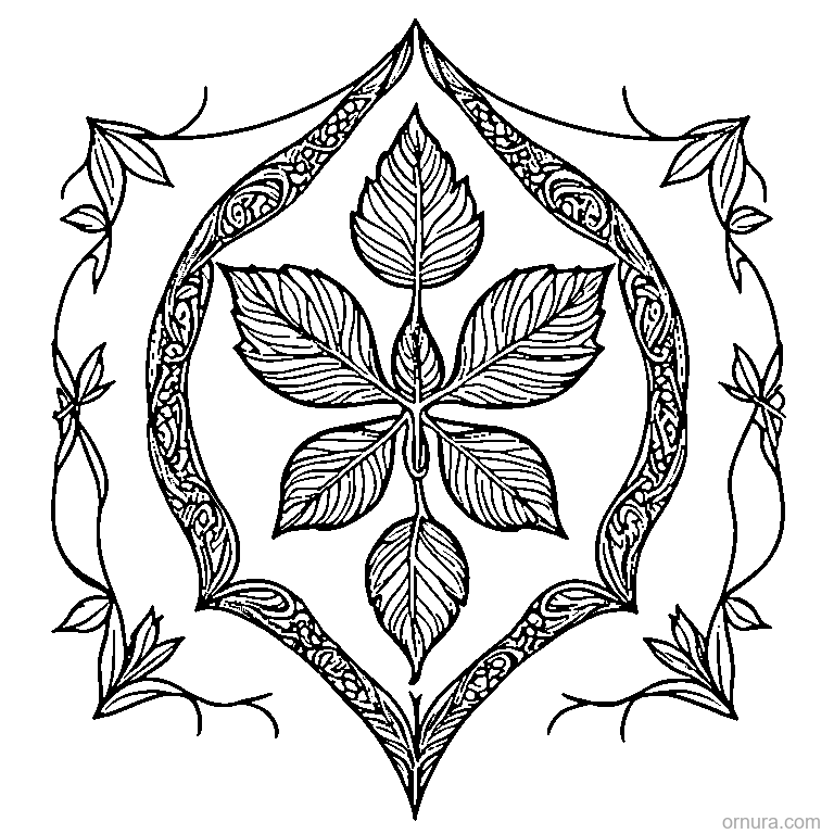 leaf with geometric pattern inside template coloring page - free printable black and white line art for kids and adults