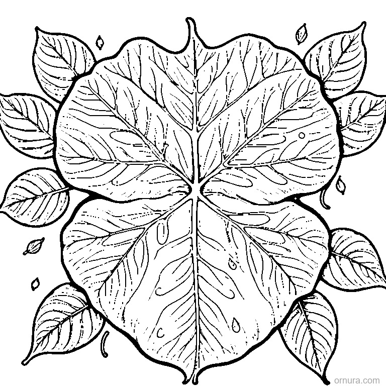 leaf with raindrops on surface design coloring page - free printable black and white line art for kids and adults