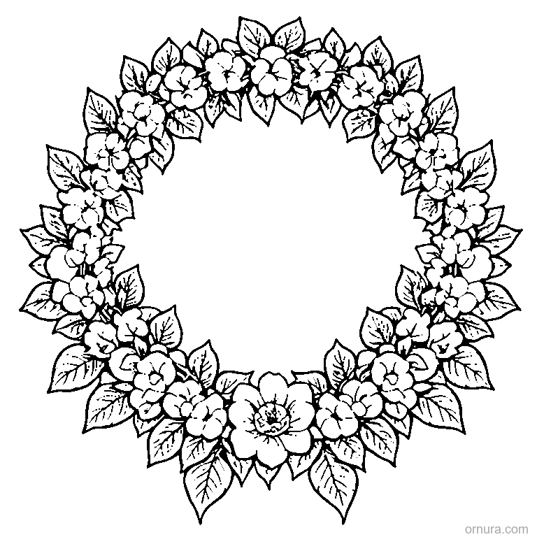 leaf wreath with flowers coloring page coloring page - free printable black and white line art for kids and adults