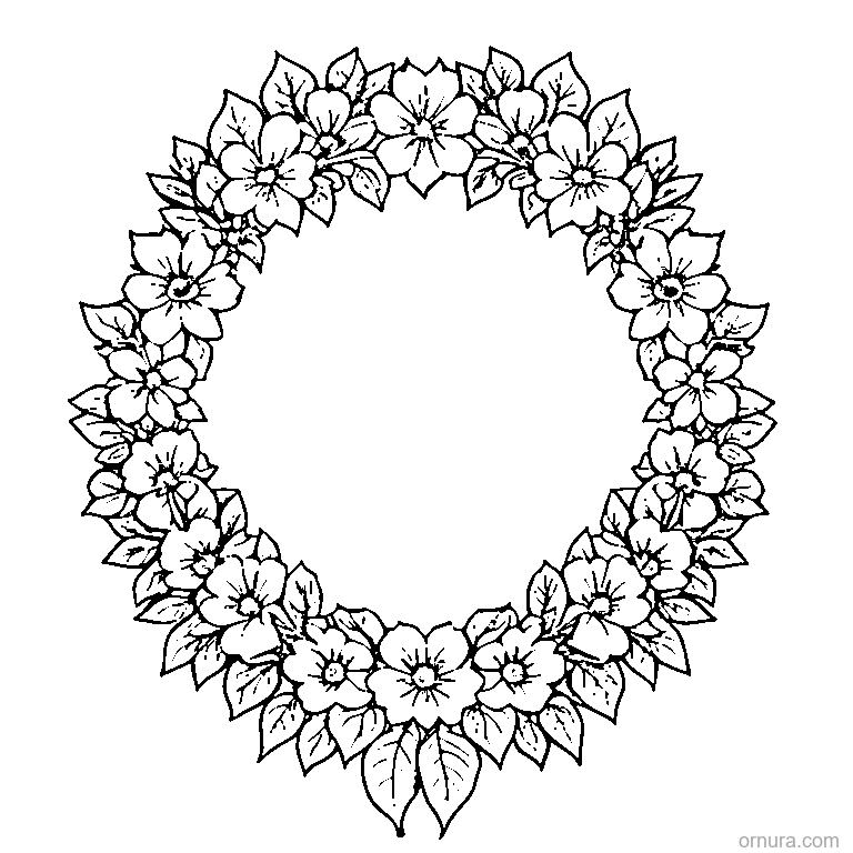 leaf wreath with flowers design coloring page - free printable black and white line art for kids and adults