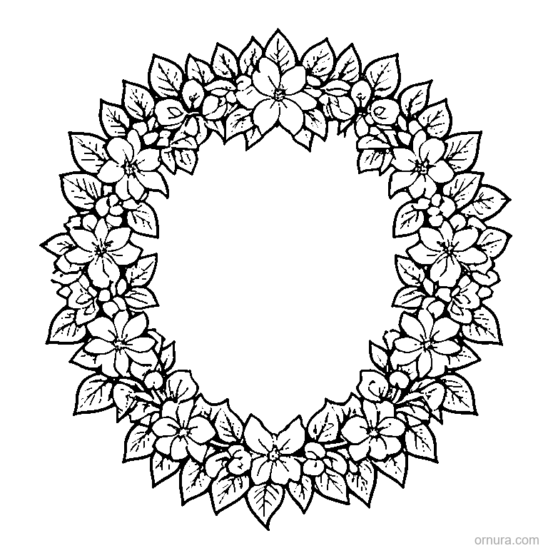 leaf wreath with flowers printable coloring page - free printable black and white line art for kids and adults