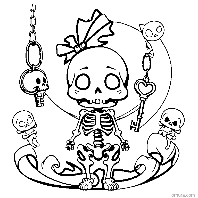 little skeleton with tiny keys coloring page - free printable black and white line art for kids and adults
