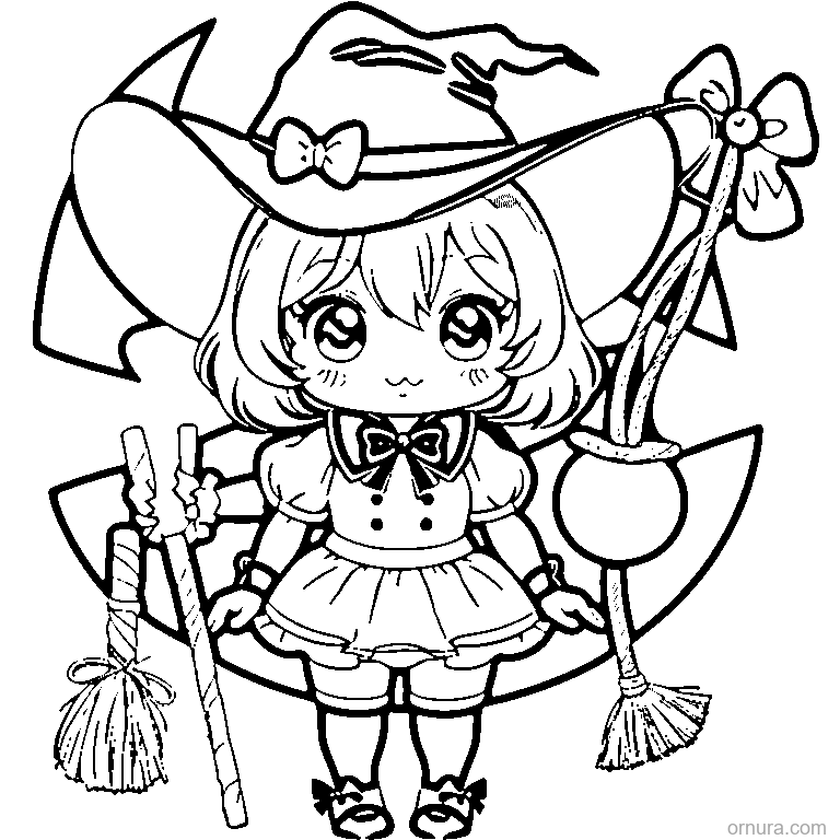 little witch holding a broom coloring page - free printable black and white line art for kids and adults