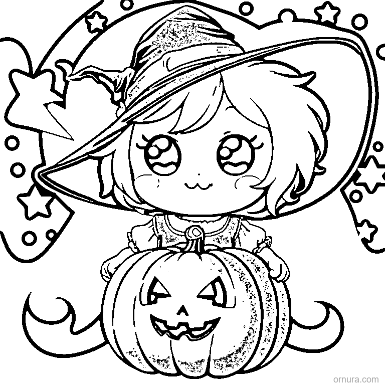 little witch peeking out of a pumpkin coloring page - free printable black and white line art for kids and adults