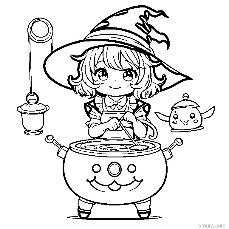 little witch stirring a cauldron coloring page - free printable black and white line art for kids and adults
