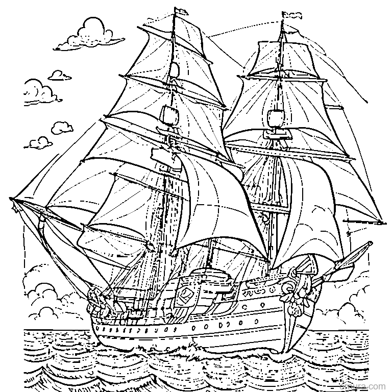 mayflower ship sailing coloring page - free printable black and white line art for kids and adults