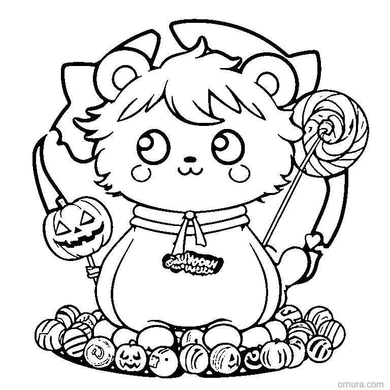 monster with candy and a lollipop coloring page - free printable black and white line art for kids and adults