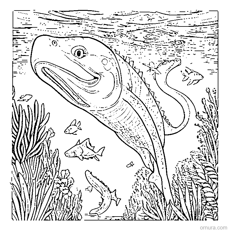 mosasaurus swimming underwater coloring page - free printable black and white line art for kids and adults