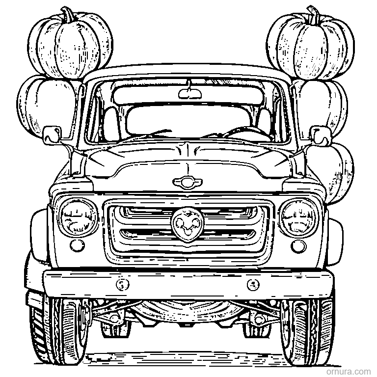 old pickup truck carrying pumpkins coloring page - free printable black and white line art for kids and adults
