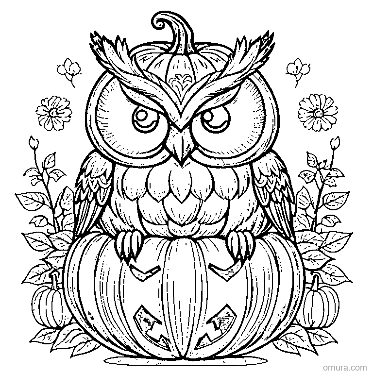 owl sitting on a pumpkin coloring page - free printable black and white line art for kids and adults