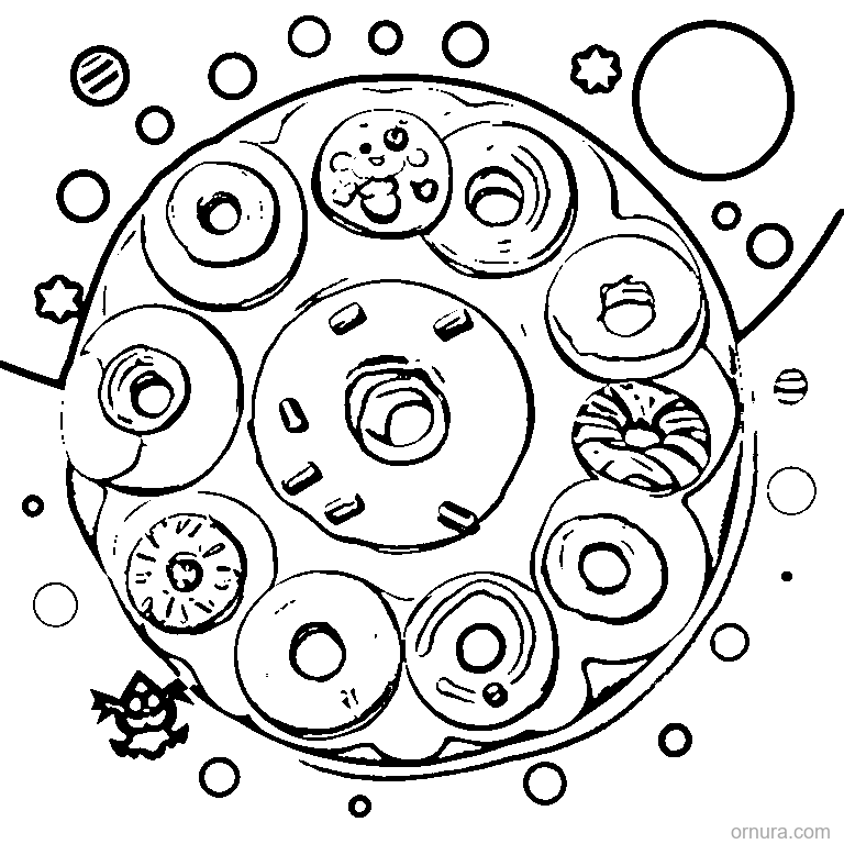 pile of halloween donuts coloring page - free printable black and white line art for kids and adults