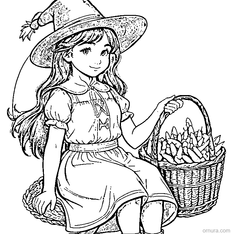 pilgrim girl with a basket of corn coloring page - free printable black and white line art for kids and adults