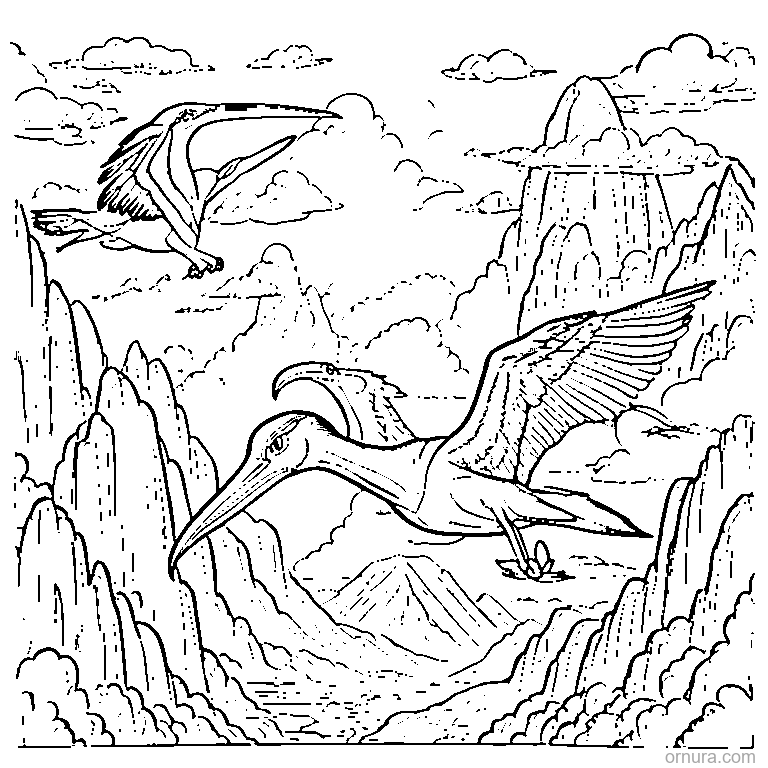 pterodactyl flying over mountains coloring page - free printable black and white line art for kids and adults