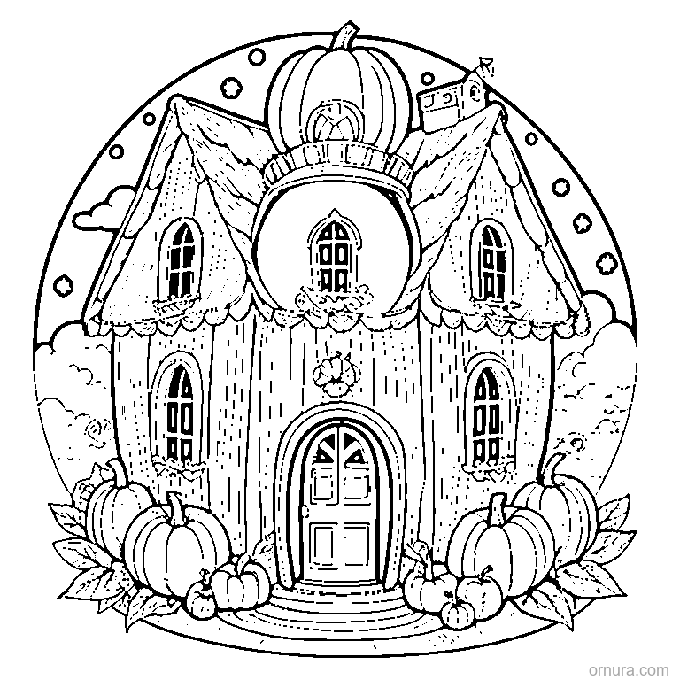 pumpkin house with a round door coloring page - free printable black and white line art for kids and adults