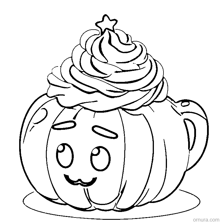 pumpkin spice drink with whipped cream coloring page - free printable black and white line art for kids and adults