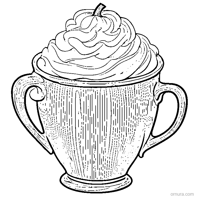pumpkin spice latte mug with whipped cream coloring page - free printable black and white line art for kids and adults
