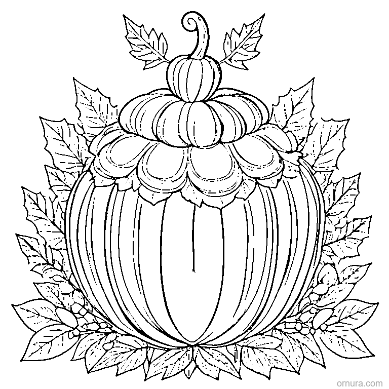 pumpkin wearing a leaf crown coloring page - free printable black and white line art for kids and adults