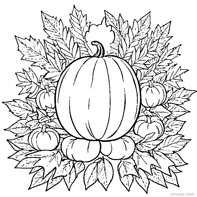 pumpkin with autumn leaves and bow coloring page - free printable black and white line art for kids and adults