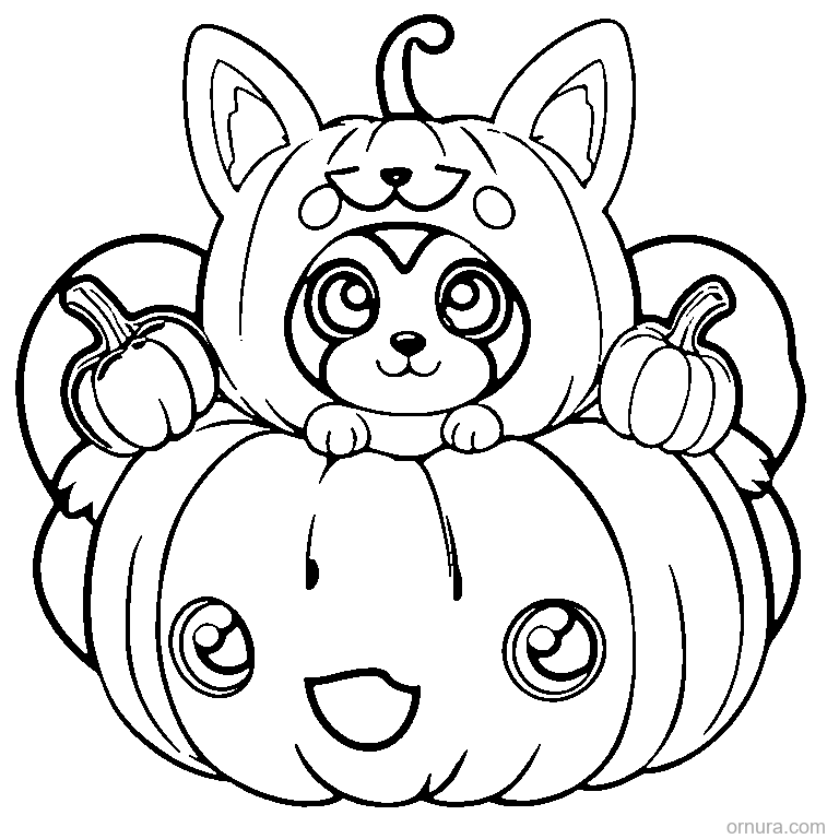 puppy in a pumpkin costume coloring page - free printable black and white line art for kids and adults